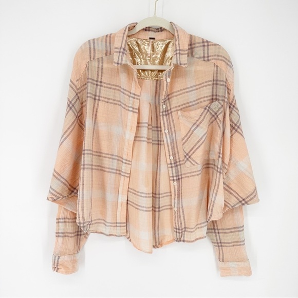 Free People Oversized Cropped Plaid Button Down Shirt - Picture 3 of 8